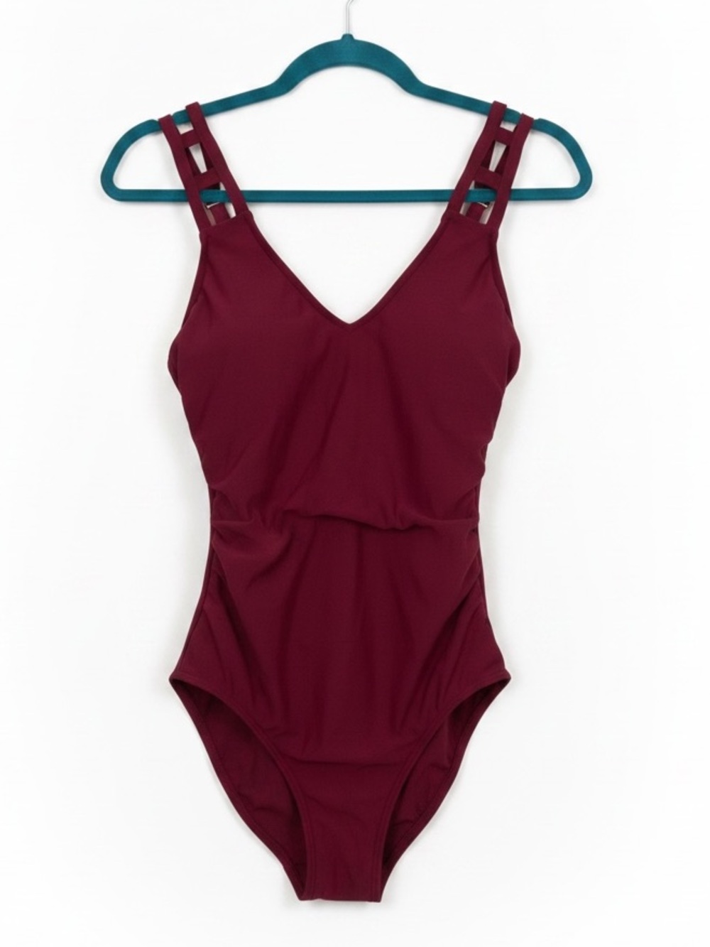 Aqua Green One Piece Burgundy Swimsuit with Cut Out Straps Size Medium